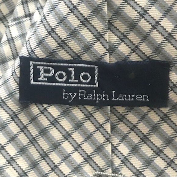 POLO BY RALPH LAUREN HANDMADE VINTAGE MEN'S TIE- COTTON IVORY GREEN BLUE PLAID - Picture 3 of 7